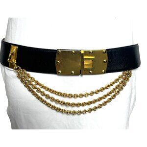 Donna Karan Vintage Belt Black Wide Leather Brushed Gold Chain Robert Lee Morris